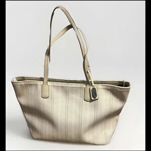 Coach Legacy Tote Bag 23108 Off-White Stripe Coated Canvas Leather